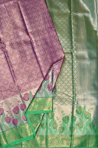 Light Violet Semi Silk Fancy Florals Contrast Green Border Bridal Tissue Saree