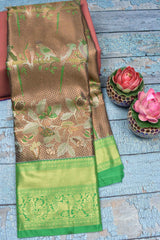 Brown Semi Silk Parrot Deisgn Contrast Green Border Bridal Tissue Saree