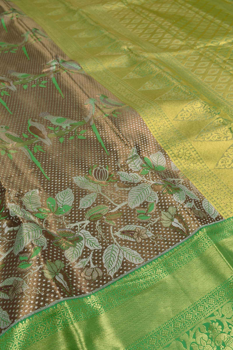 Brown Semi Silk Parrot Deisgn Contrast Green Border Bridal Tissue Saree