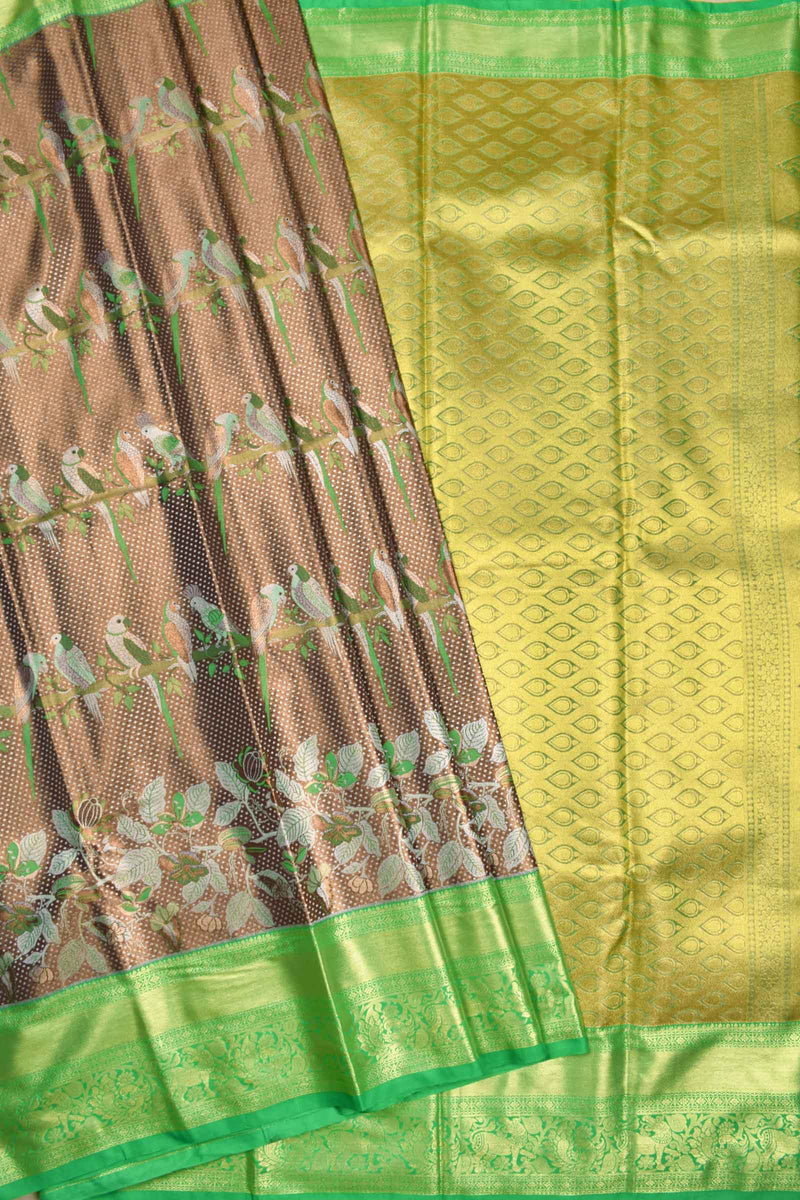 Brown Semi Silk Parrot Deisgn Contrast Green Border Bridal Tissue Saree