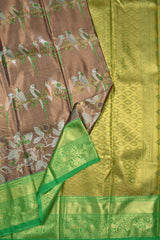 Brown Semi Silk Parrot Deisgn Contrast Green Border Bridal Tissue Saree