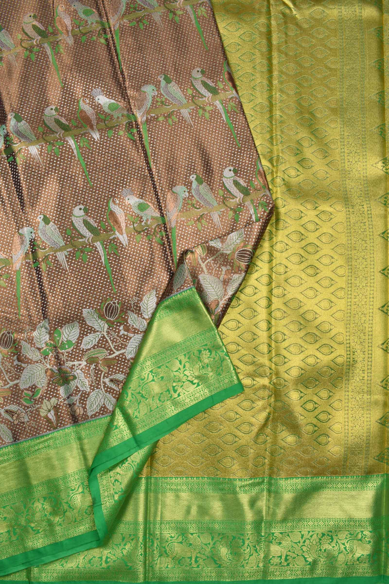 Brown Semi Silk Parrot Deisgn Contrast Green Border Bridal Tissue Saree