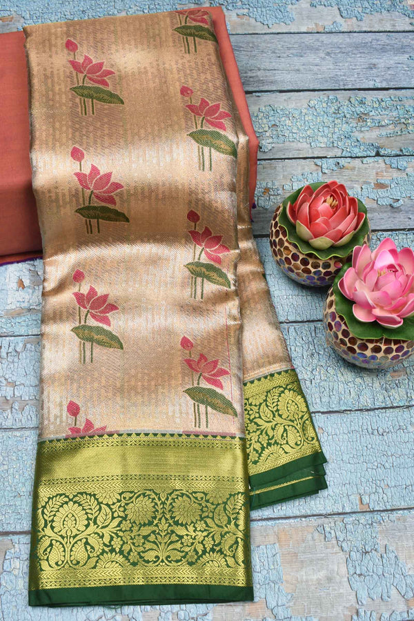 Light Sandal Semi Silk Fancy Lotus Design Green Border Bridal Tissue Saree