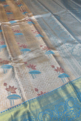 Light Beige Semi Silk Fancy Lotus Design Blue Border Bridal Tissue Saree