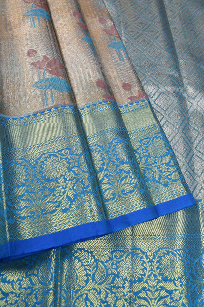 Light Beige Semi Silk Fancy Lotus Design Blue Border Bridal Tissue Saree