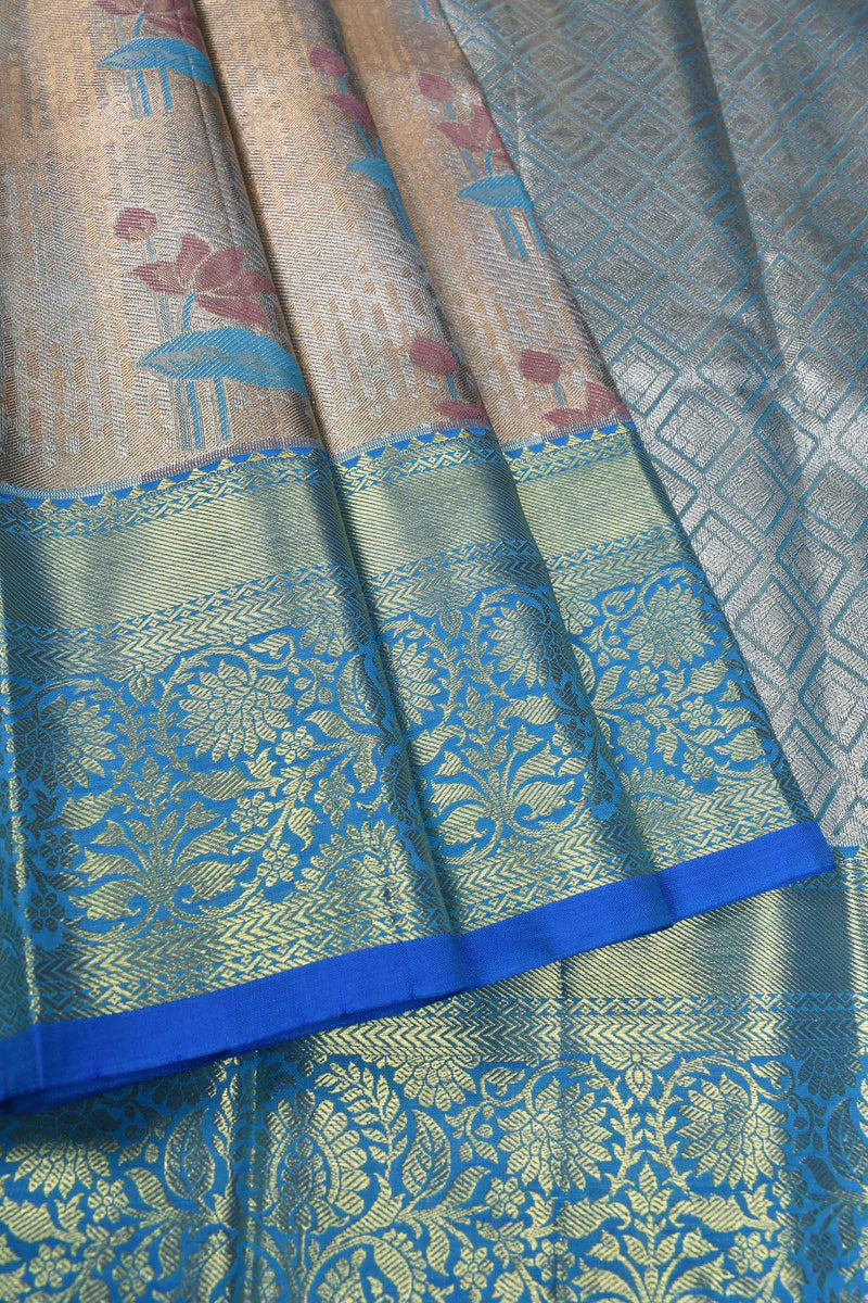 Light Beige Semi Silk Fancy Lotus Design Blue Border Bridal Tissue Saree