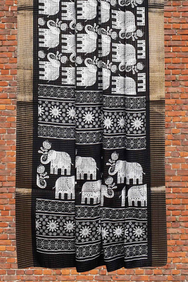 Black and White Semi Dola Elephant Printed Checkered Saree