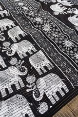 Black and White Semi Dola Elephant Printed Checkered Saree