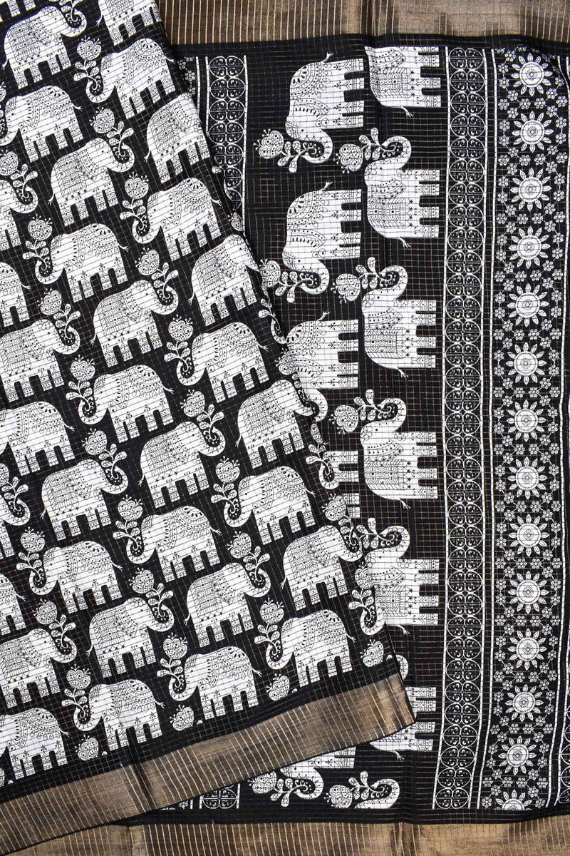 Black and White Semi Dola Elephant Printed Checkered Saree