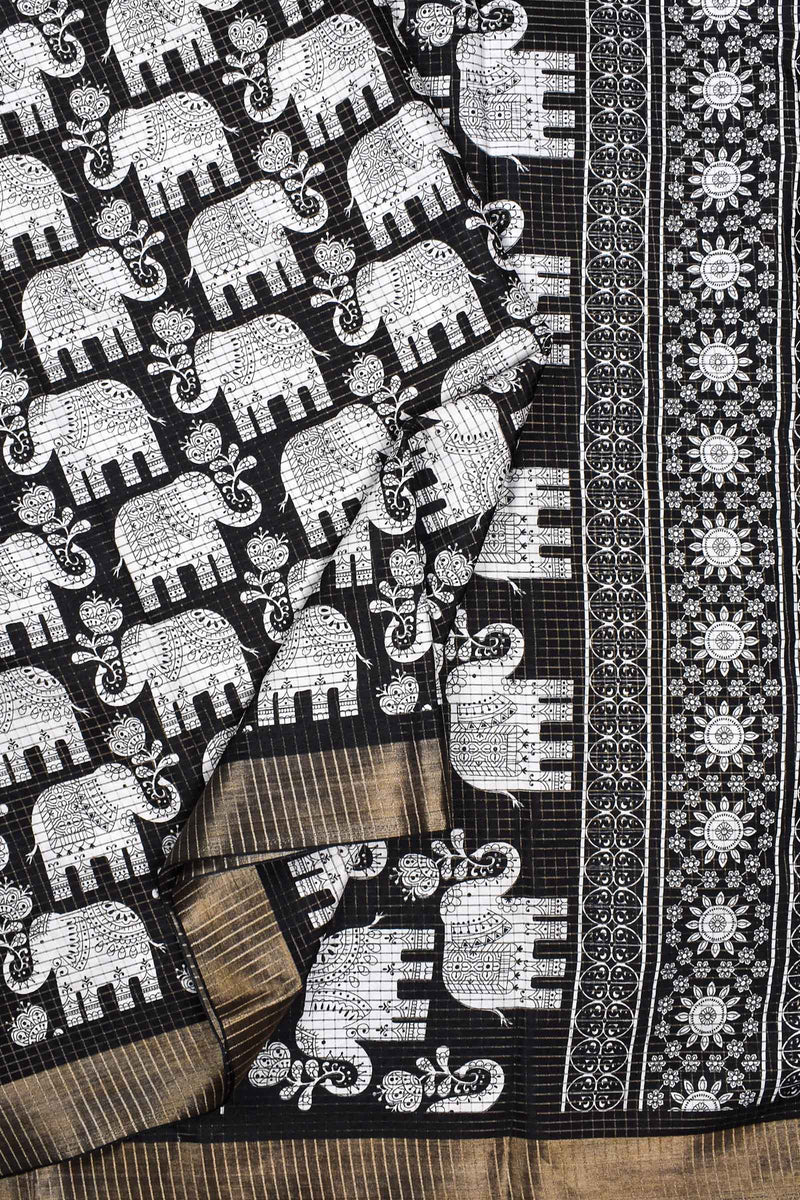 Black and White Semi Dola Elephant Printed Checkered Saree