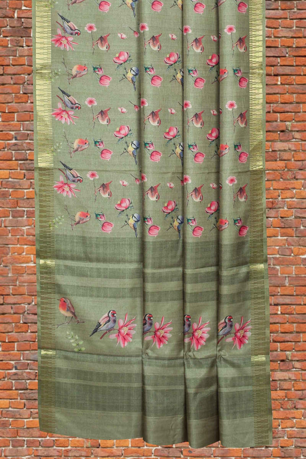 Green Semi Tussar Birds in the Garden Printed Saree