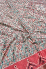 Off White Semi Tussar Gond Inspired Print Pink Border Saree