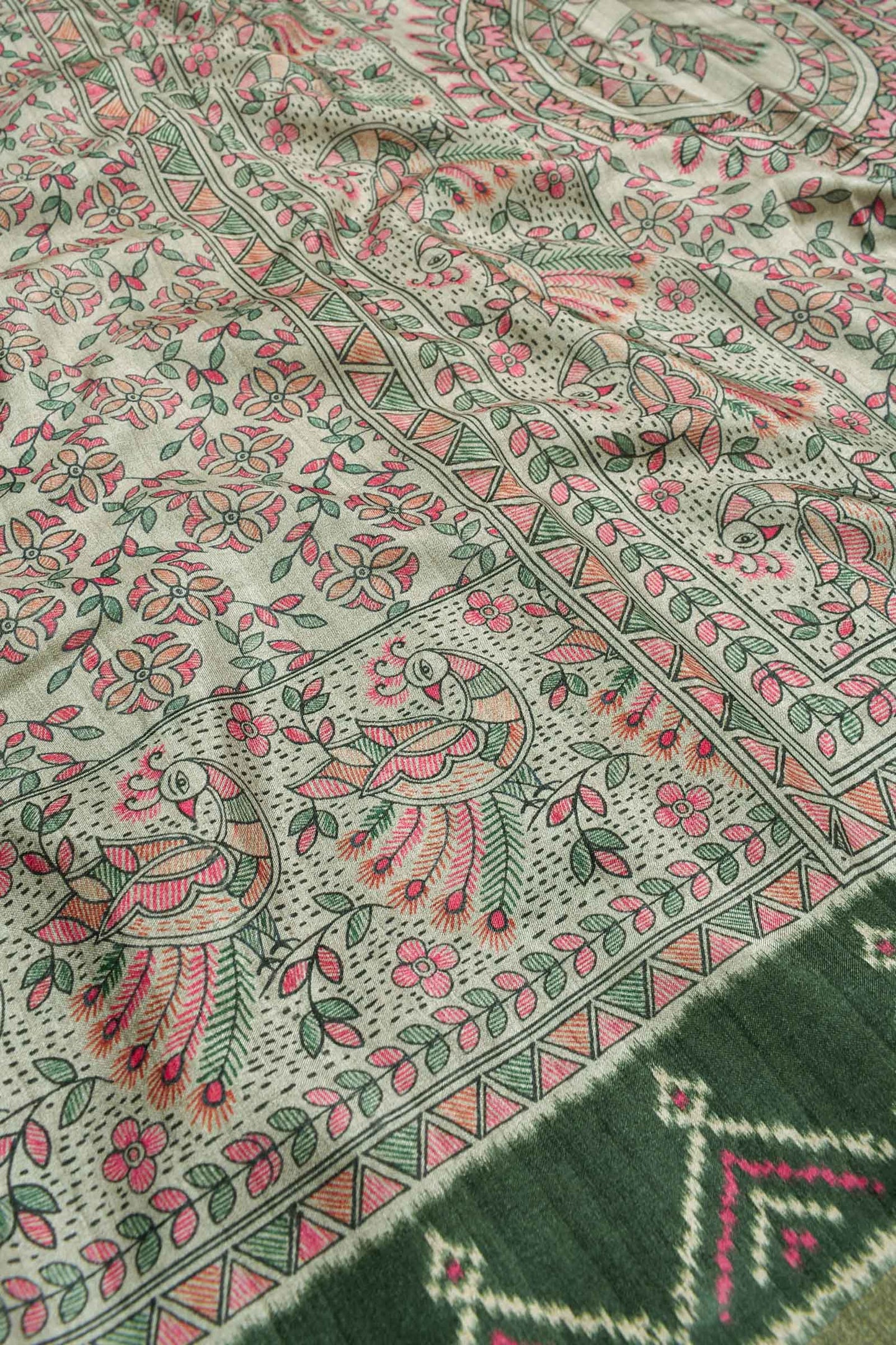 Off White Semi Tussar Gond Peacock Art Inspired Saree