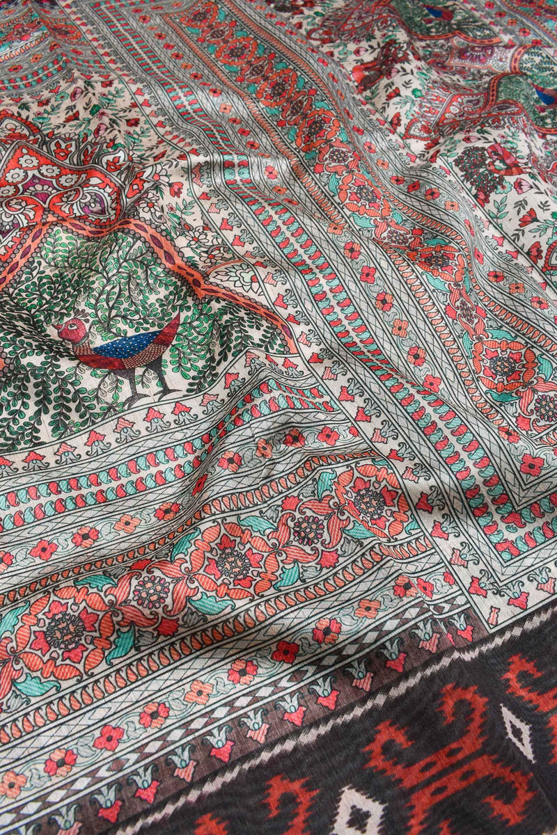 Multicolor Semi Tussar Gond Bird Art  Inspired Saree