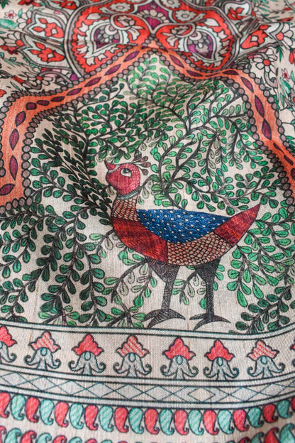 Multicolor Semi Tussar Gond Bird Art  Inspired Saree