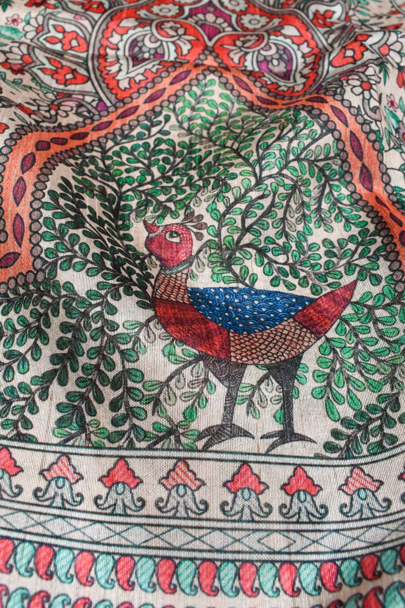 Multicolor Semi Tussar Gond Bird Art  Inspired Saree