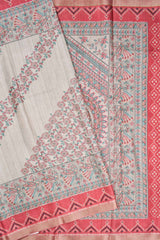 Off White Semi Tussar Gond Inspired Print Pink Border Saree