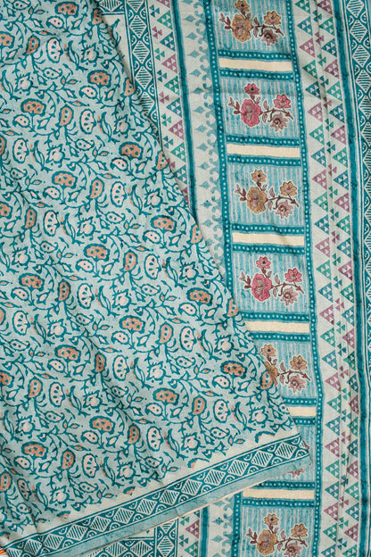 Blue Semi Tussar Block Print Style Saree