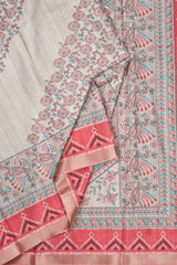 Off White Semi Tussar Gond Inspired Print Pink Border Saree