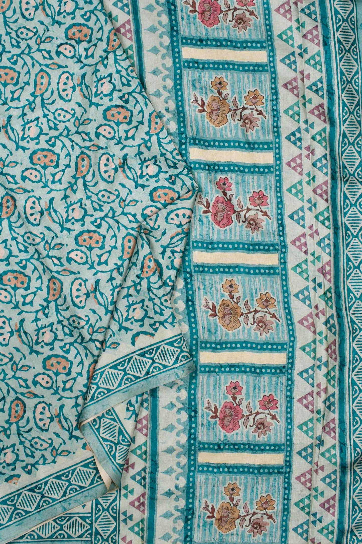 Blue Semi Tussar Block Print Style Saree