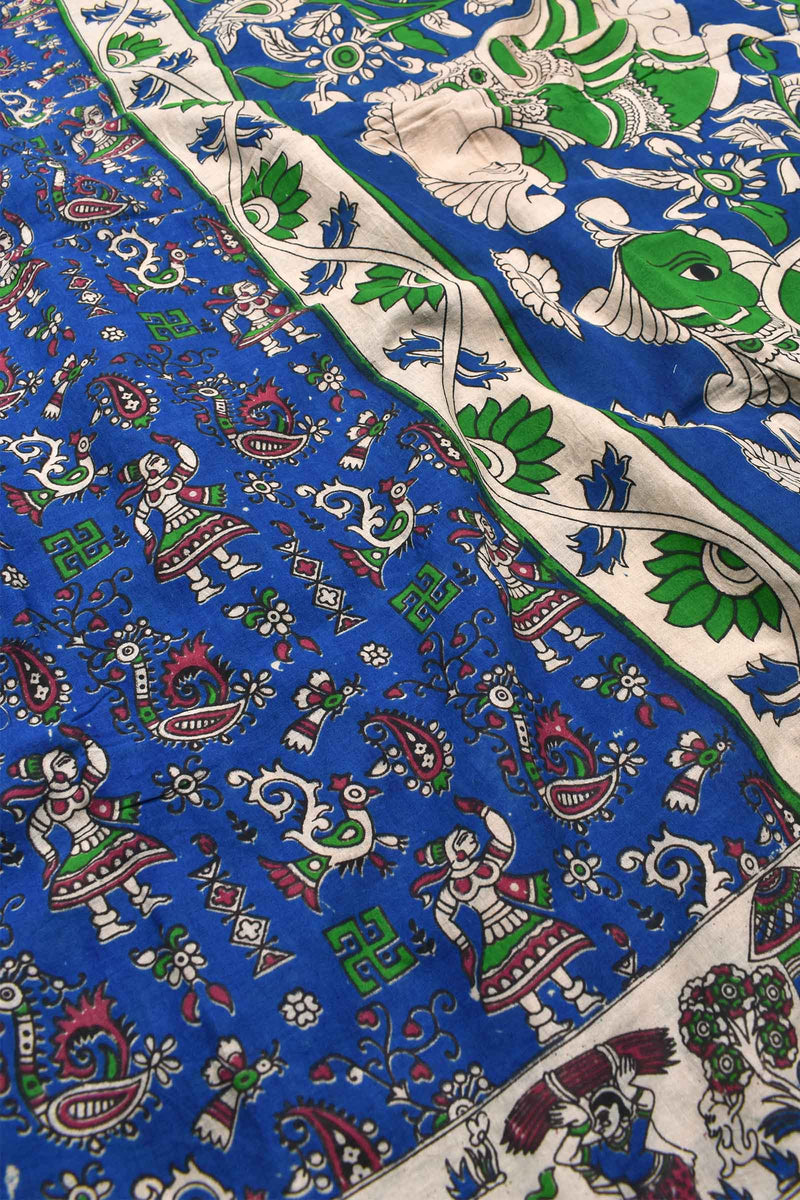 Blue Kalalmkari Pure Cotton Dancers Printed Saree