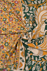 Yellow Green Peacock Pallu Kalamkari Pure Cotton Saree