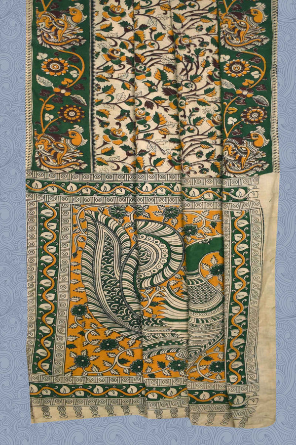 Sandal Kalamkari  Pure Cotton Peacock Pallu Saree