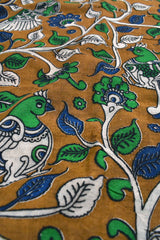 Brown Green Kalamkari Pure Cotton Birds Print With Double Peacock Pallu Saree