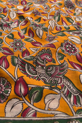 Yellow Kalamkari Pure Cotton Dancing Peacock Printed Saree