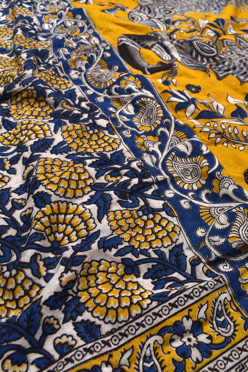 Off White Kalamkari Pure Cotton Yellow Marigold Printed Saree