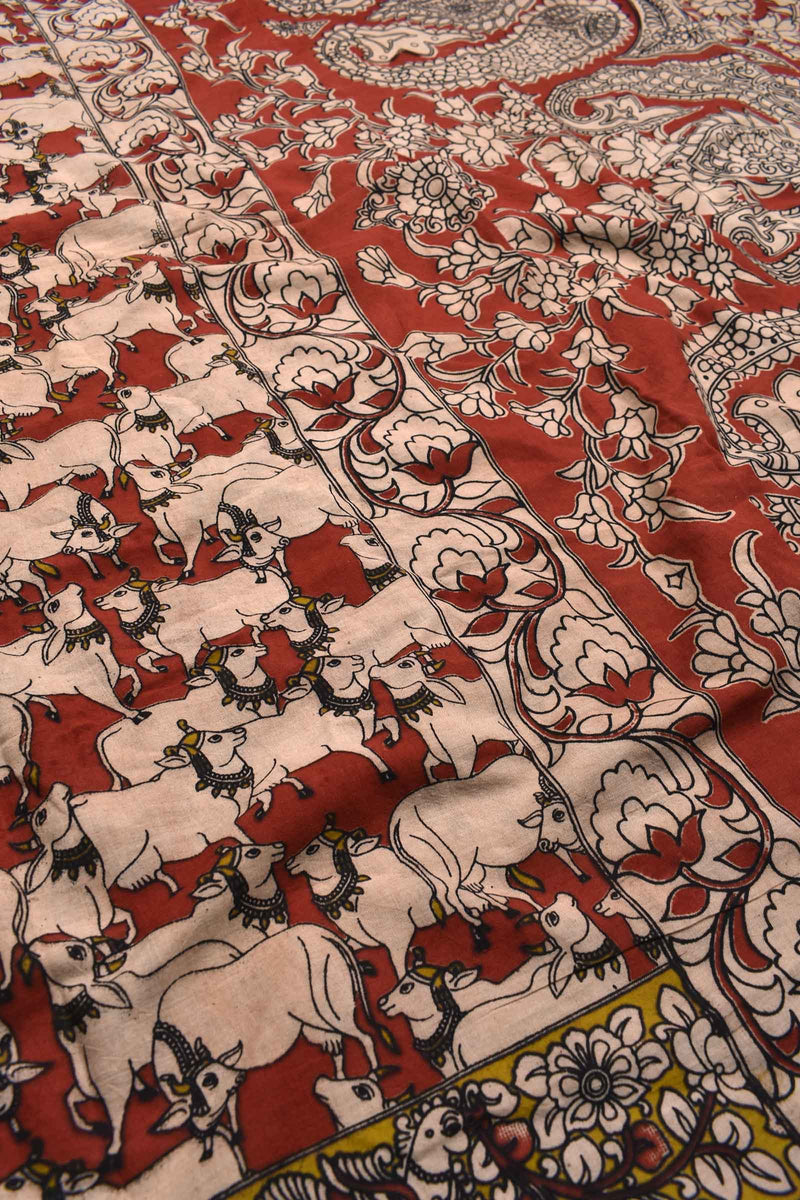 Red Kalamkari Pure Cotton Cow Printed Paisely Pallu Saree