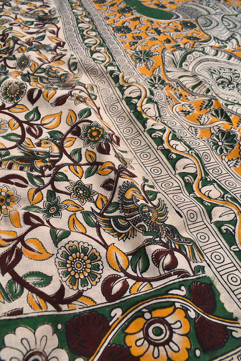 White Kalamkari Pure Cotton Multi Flower Printed Peacock Pallu Saree