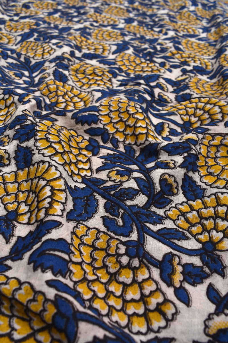 Off White Kalamkari Pure Cotton Yellow Marigold Printed Saree