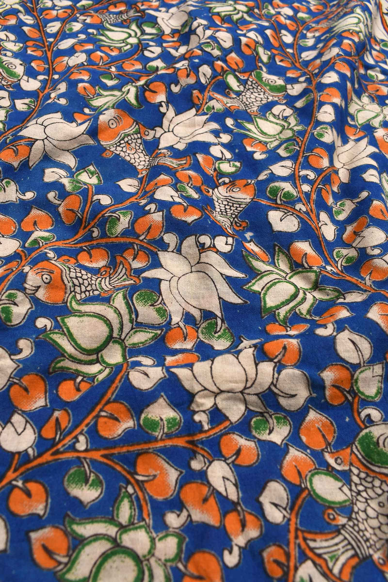 Blue Kalamkari Pure Cotton Contrast Peacock Pallu Saree