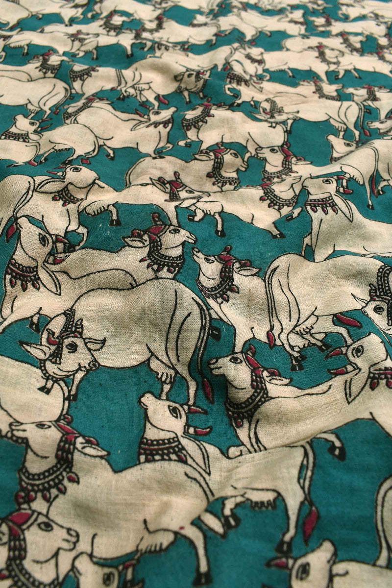 Teal Green Kalamkari Pure Cotton Cow Printed Saree