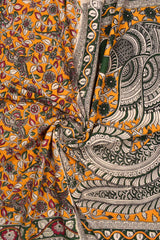 Yellow Kalamkari Pure Cotton Dancing Peacock Printed Saree