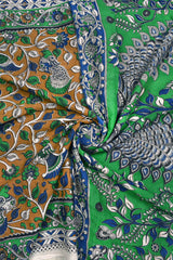 Brown Green Kalamkari Pure Cotton Birds Print With Double Peacock Pallu Saree