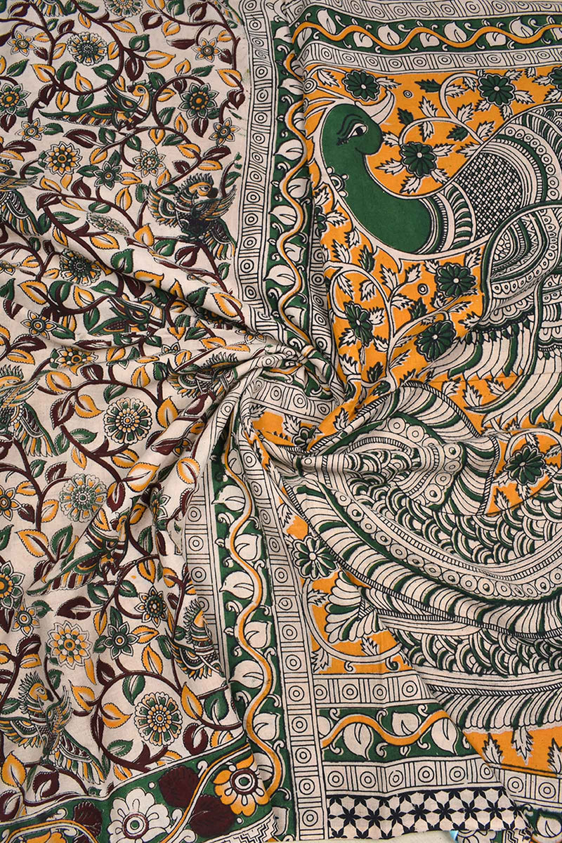 White Kalamkari Pure Cotton Multi Flower Printed Peacock Pallu Saree