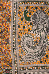 Yellow Kalamkari Pure Cotton Dancing Peacock Printed Saree