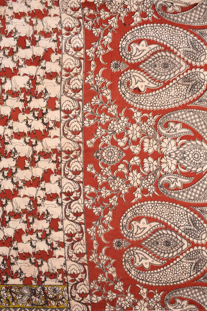 Red Kalamkari Pure Cotton Cow Printed Paisely Pallu Saree