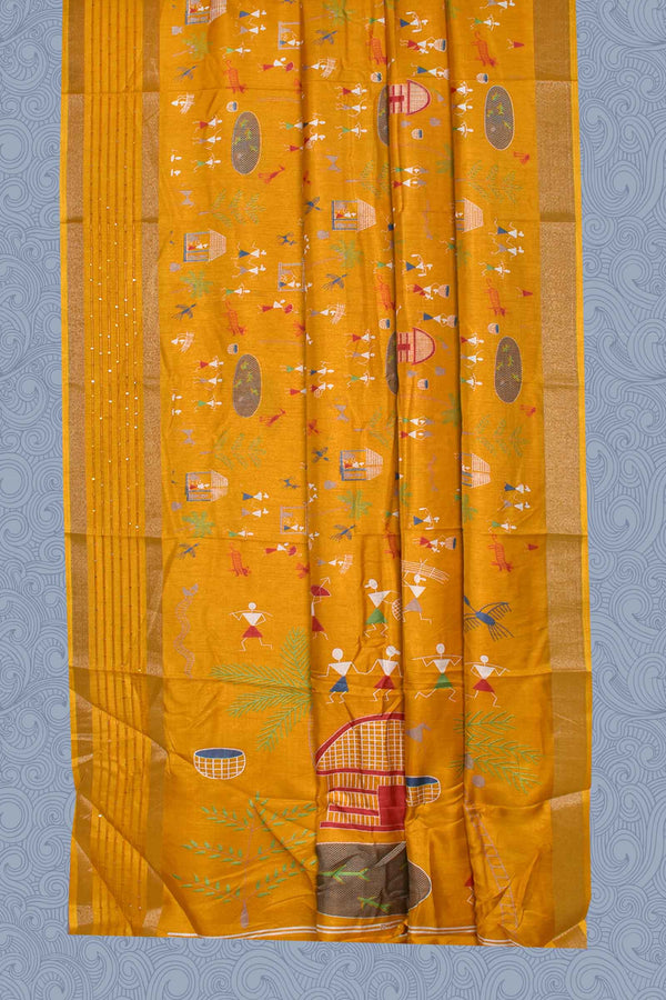 Yellow Semi Dola Warli Print Sequins Border Saree