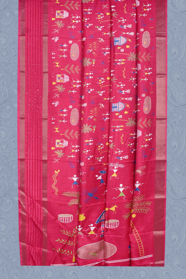 Pink Semi Dola Warli Print Village Scene Sequins Border Saree