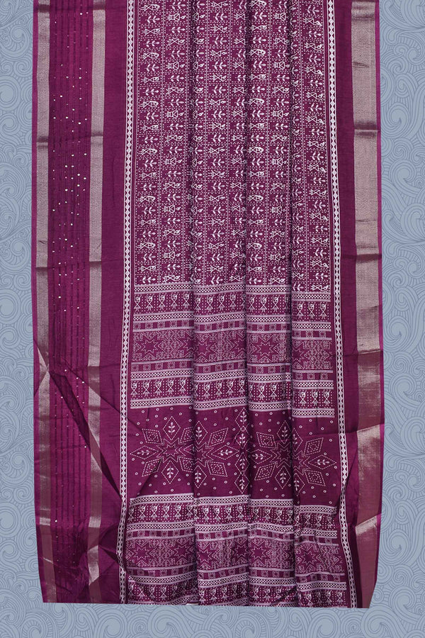 Purple Semi Dola Warli Print Sequins Border Saree