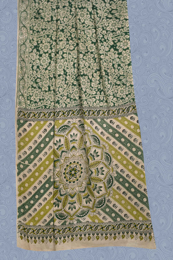 Dark Green  Kalamkari Pure Cotton All Over Flowers Design Rangoli Flower Pallu Saree