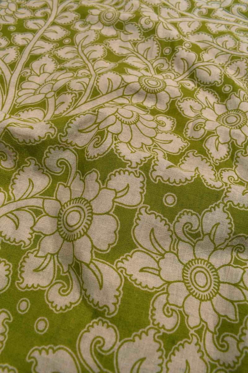 Light Green With Off White Kalamkari Pure Cotton All Over Flowers Design Rangoli Flower Pallu Saree