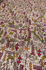 Off White Kalamkari Pure Cotton All Over Multicolor Small Figurine Printed Peacock Border Saree