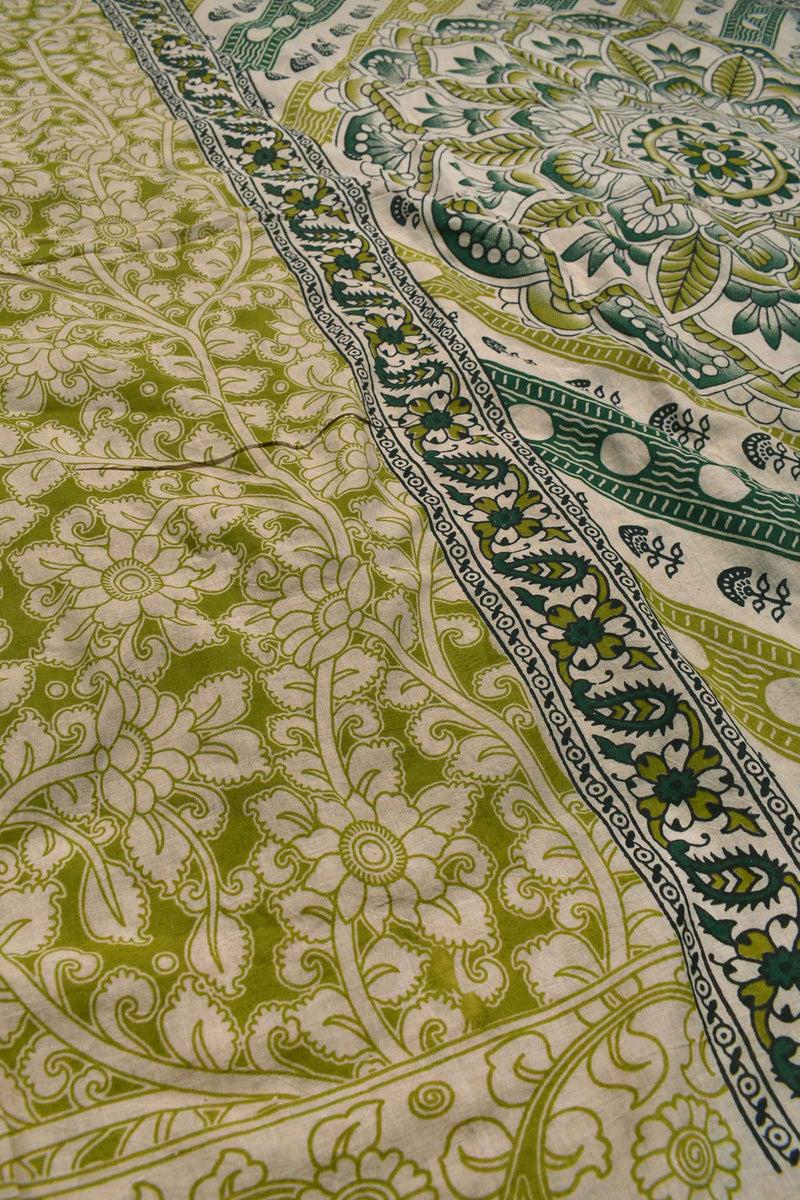 Light Green With Off White Kalamkari Pure Cotton All Over Flowers Design Rangoli Flower Pallu Saree