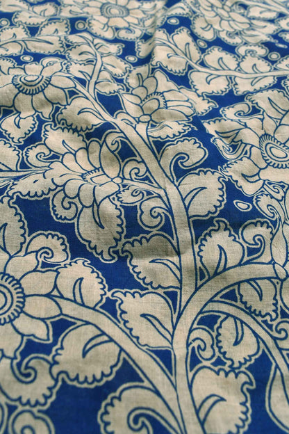 Blue Kalamkari Pure Cotton All Over Flowers Saree