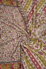 Off White Kalamkari Pure Cotton All Over Multicolor Small Figurine Printed Peacock Border Saree