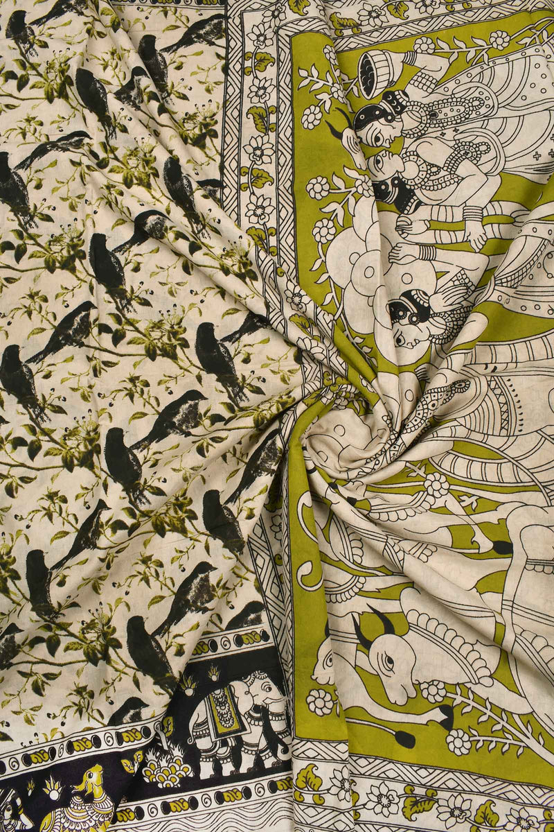 Off White Kalamkari Pure Cotton Birds Printed Desing Saree